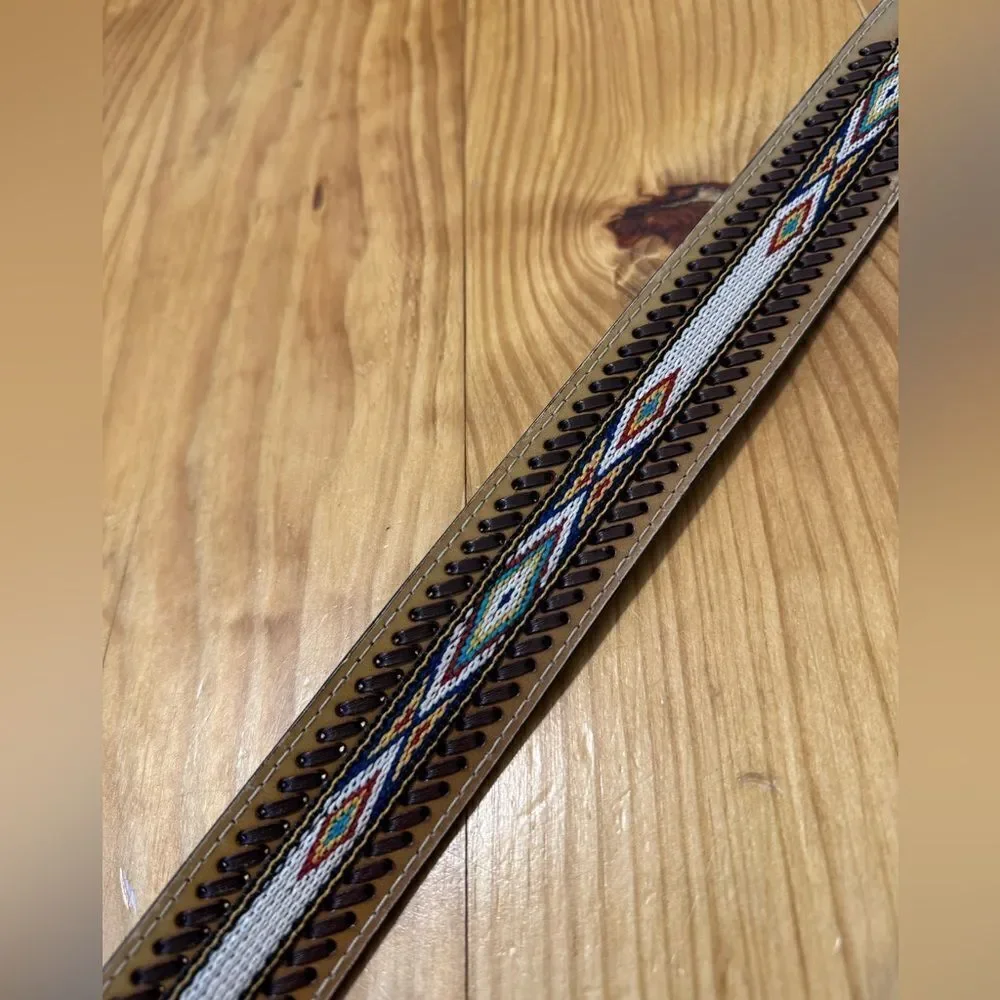 American Indian Belt With Conches Leather Embroidered 47” Total Length